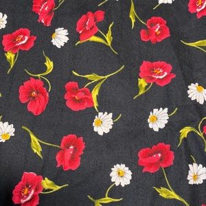 Red Pansies & White Daisies w/black background 💯% Cotton! ❤️🤍🖤 by the yard